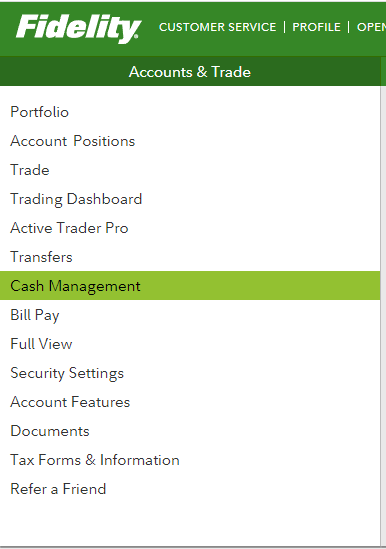 fidelity cash management menu